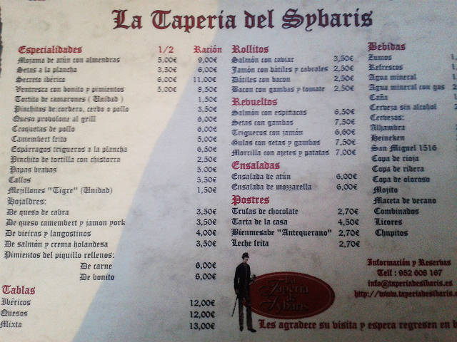 Bar menu in Malaga, Spain