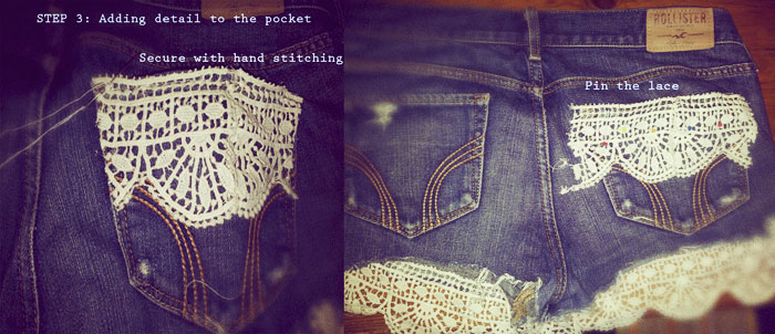 DIY Shorts - embellish shorts pocket with lace