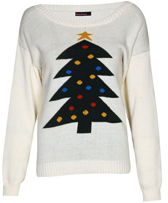 Boohoo novelty Christmas jumper featuring Christmas tree