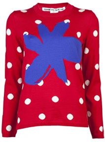 Red Comme Des Garcons Christmas jumper with blue snowflake