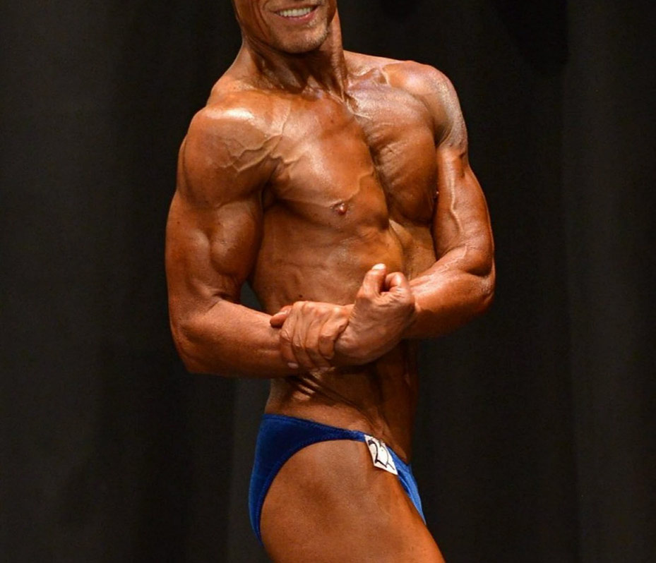 Close up of bodybuilder torso at competition