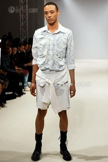 Ones To Watch, menswear collection by KYE, London Fashion Week, Vauxhall Fashion Scout, outfit8, front view.