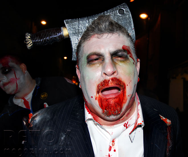 Zombie with knife in the head - Halloween zombie walk in London, photo 22